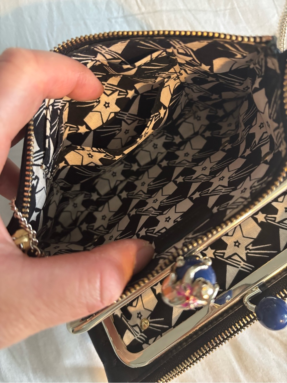 Anna Sui Black Star-Embossed Chain Crossbody Pouch with Gold Chain - Picture 7 of 8
